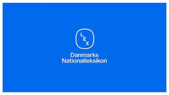 Logo for Lex - Danmarks Nationalleksikon – med hvid tekst og symbol på blå baggrund.