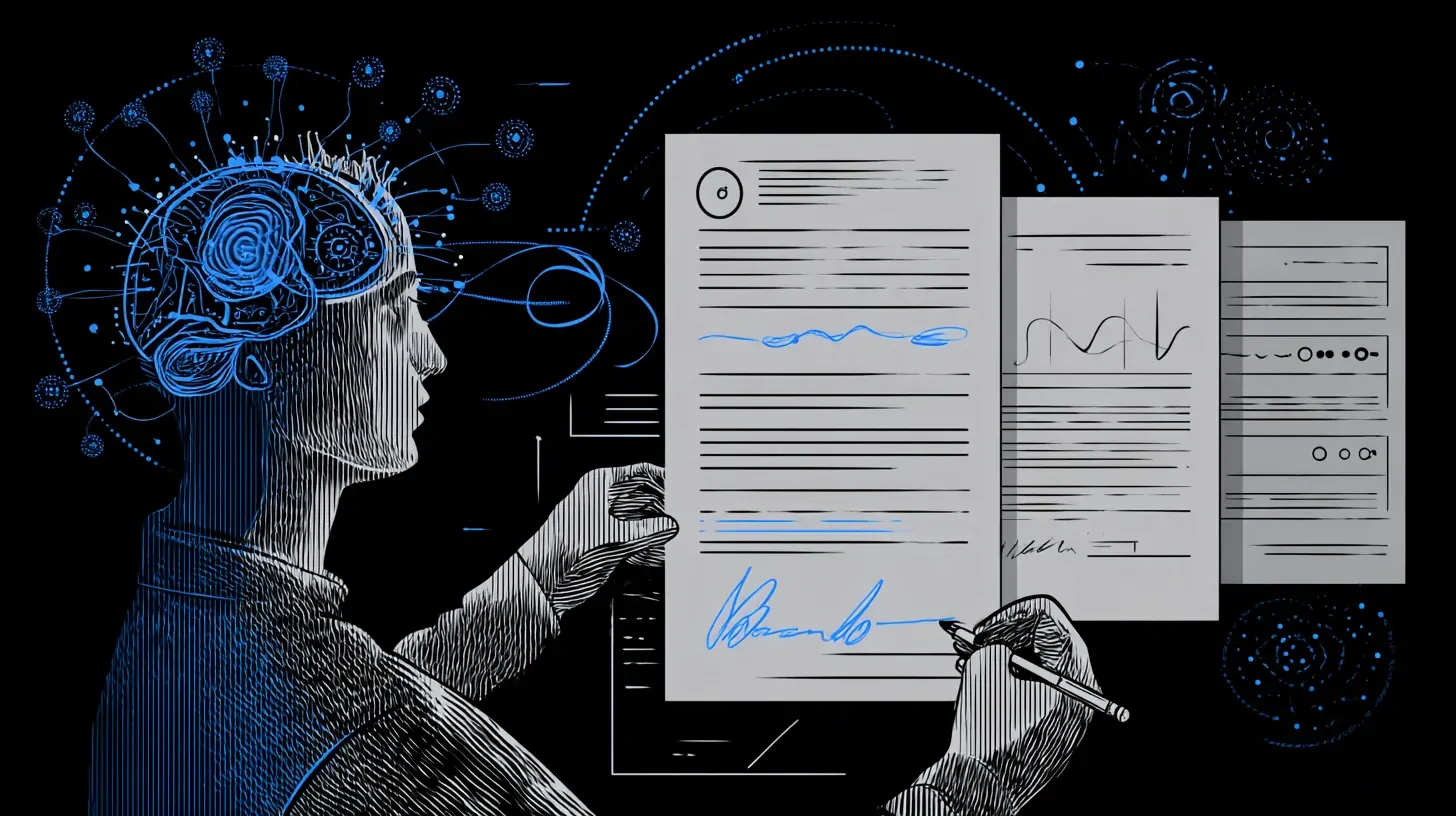 Illustration af en menneskelig figur med digitalt hjerneinterface, der analyserer og underskriver dokumenter med AI og data i baggrunden.