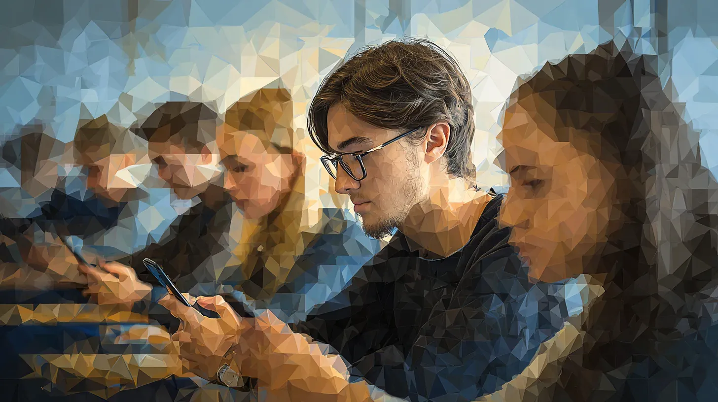 Studerende sidder på række og kigger koncentreret på deres smartphones i et klassemiljø, gengivet i polygon-stil.