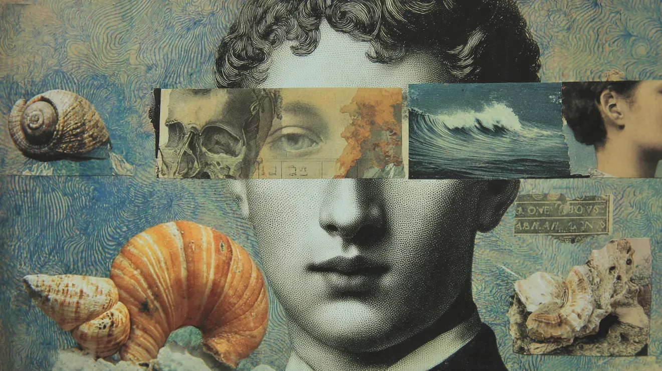 Et collageportræt af et klassisk mandsansigt, hvor øjnene er erstattet af billedudsnit med kranium, bølge og natur, omgivet af muslingeskaller på en blå, tekstureret baggrund.