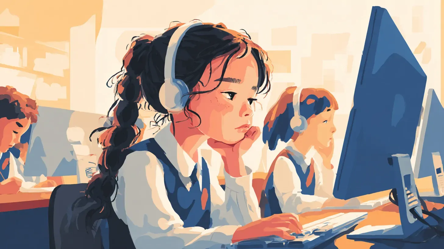 Elever sidder ved computere med hovedtelefoner på i et klasselokale, mens en pige ser træt og tænksom ud foran skærmen.