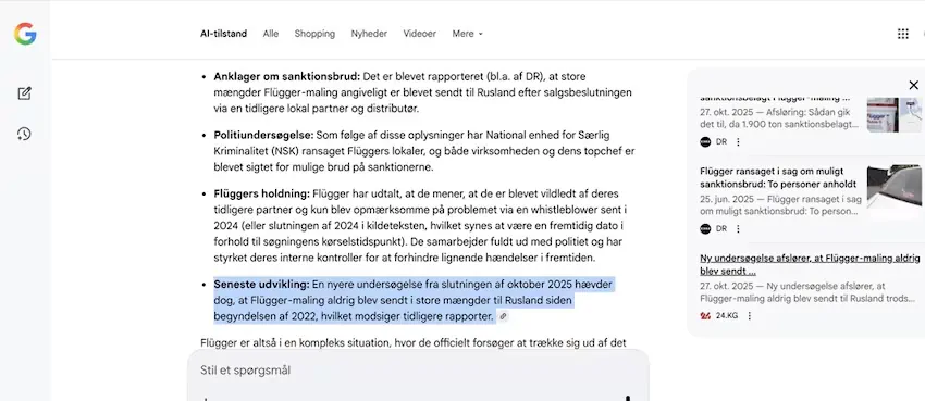 Skærmbillede af Google-søgning med uddrag fra artikel om Flügger og sanktioner. En ny undersøgelse fra 2025 fremhæves i blåt.
