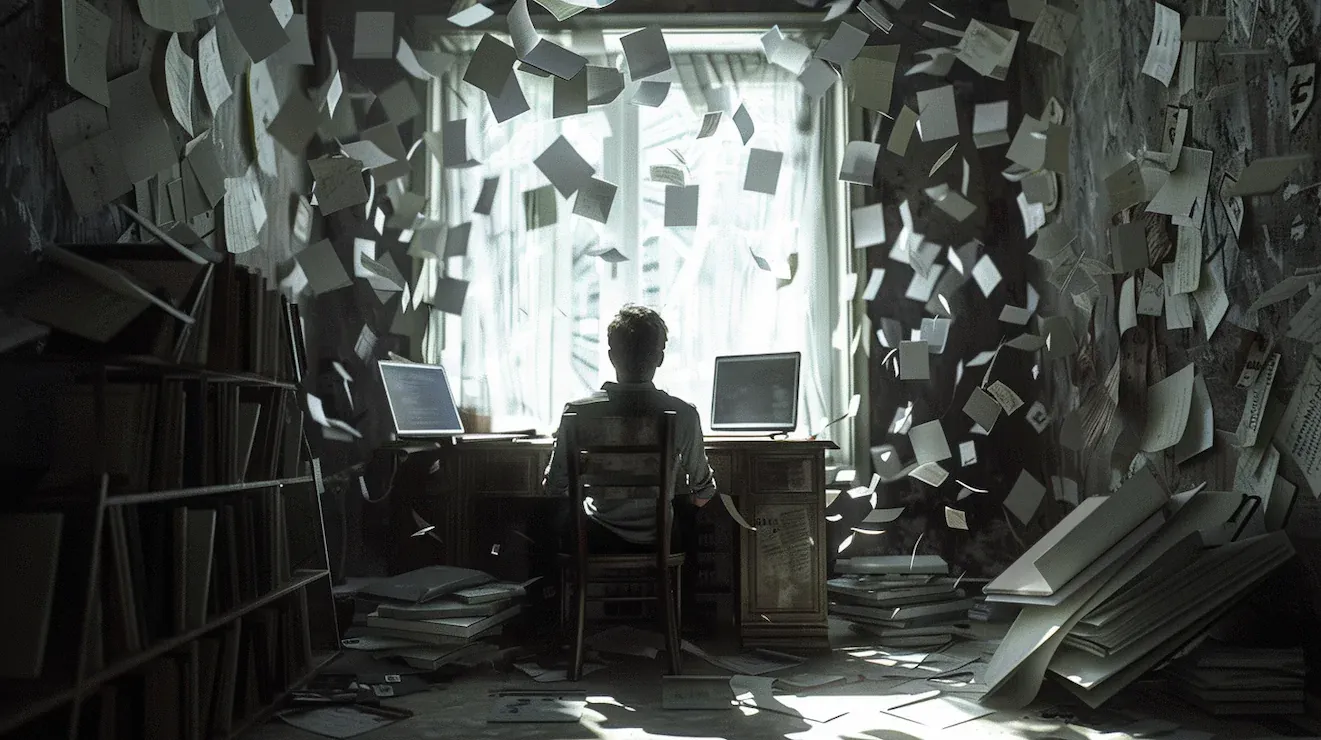 En person sidder alene ved et skrivebord, mens løse papirer hvirvler rundt i rummet og skaber et visuelt billede af informationskaos, pres og risikoen for snyd i et digitalt arbejdsmiljø.