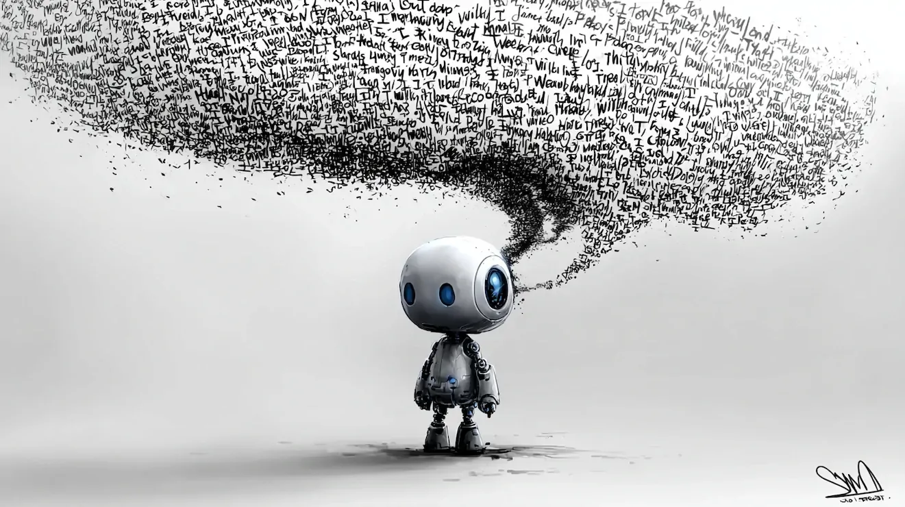 En lille humanoid robot står alene på en lys baggrund, mens en sky af sorte, håndskrevne tegn og tekst strømmer ud fra dens hoved og symboliserer syntetiske data og kunstig intelligens.