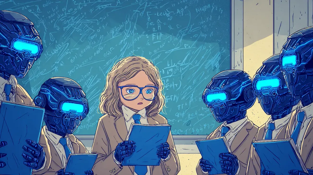 En skoleelev med briller sidder i et klasselokale omgivet af humanoide robotter i jakkesæt, mens de alle læser fra papirer foran en tavle fyldt med formler.