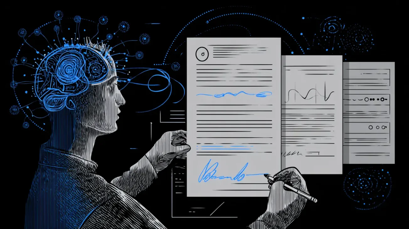 Illustration af en menneskelig figur med digitalt hjerneinterface, der analyserer og underskriver dokumenter med AI og data i baggrunden.