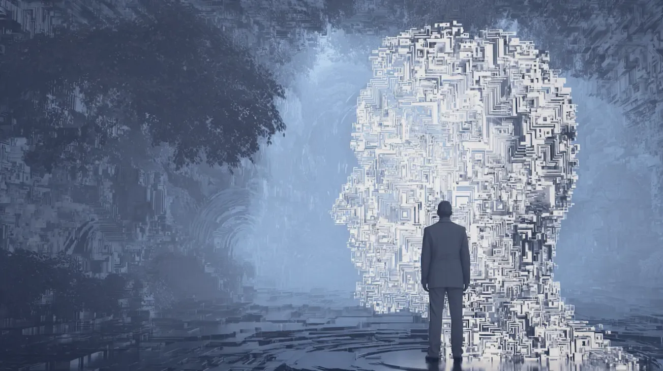 En mand i jakkesæt står med ryggen til og ser på et stort, abstrakt menneskehoved opbygget af geometriske, maskinlignende strukturer i et drømmeagtigt, teknologisk landskab.