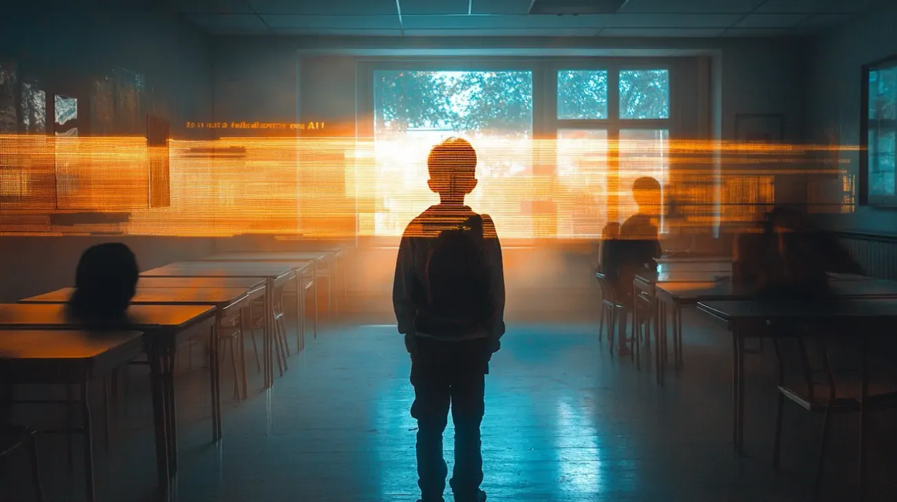 Et stemningsfuldt og mørkt fotografi fra et klasseværelse, hvor en elev står alene med ryggen til.