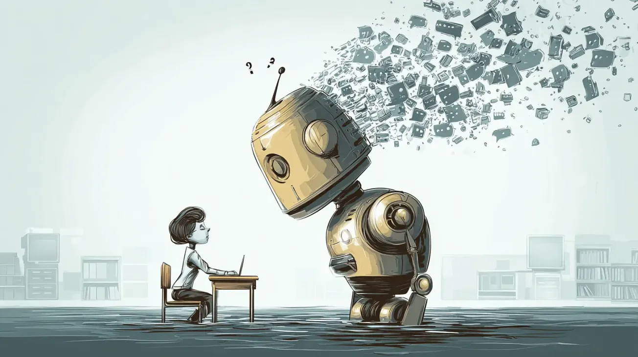 En stor robot udspyr en kaotisk sky af talebobler ned over en lille elev, der sidder alene ved et skrivebord i vand.