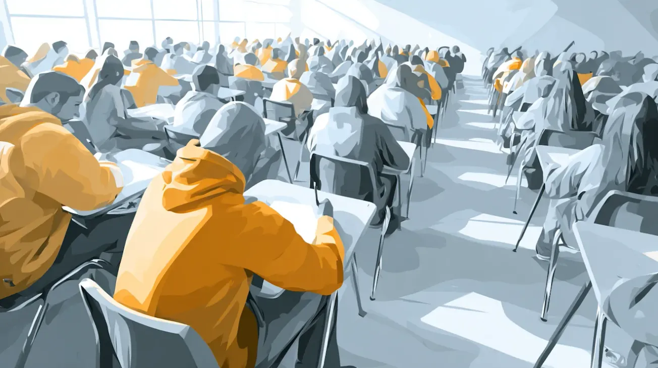 Elever sidder tæt i rækker ved individuelle borde i et stort eksamenslokale, alle koncentreret om at skrive i hånden.