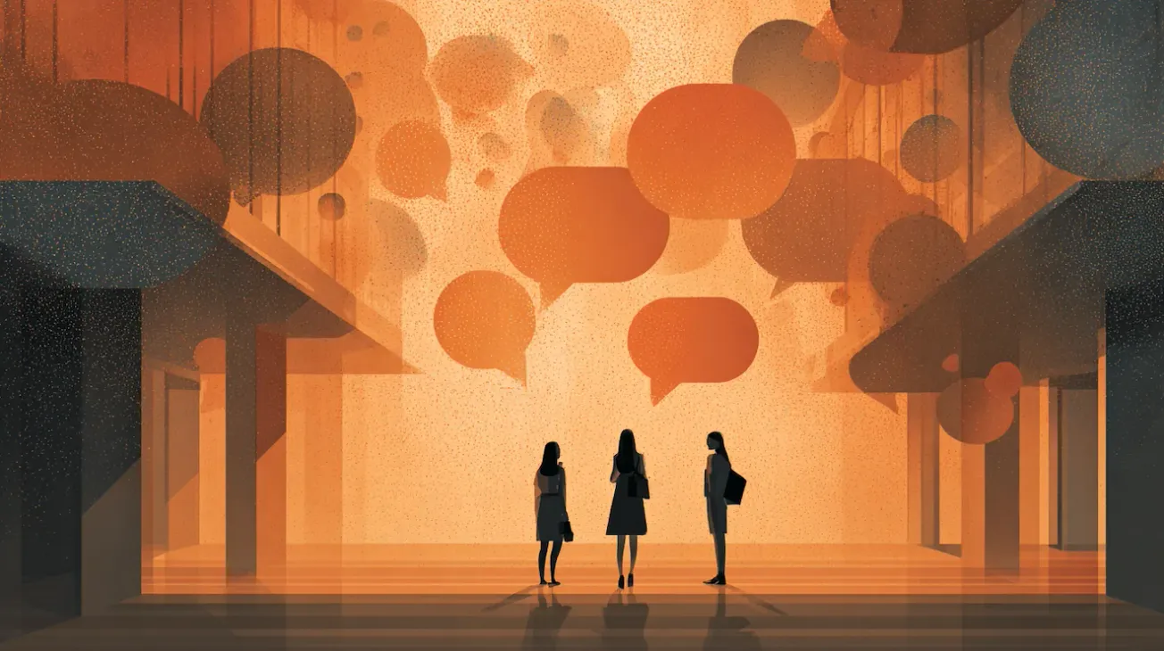 Tre personer står over for hinanden i et rum med arkitektoniske former, mens store talebobler svæver over dem og symboliserer dialog, forhandling og fælles drøftelse af regler eller rammer.