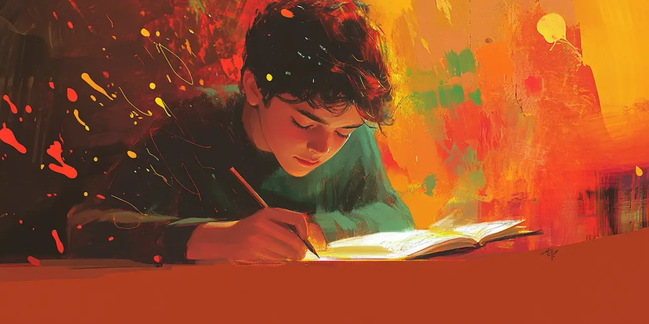 Dreng skriver i en bog foran en farverig, kunstnerisk baggrund.