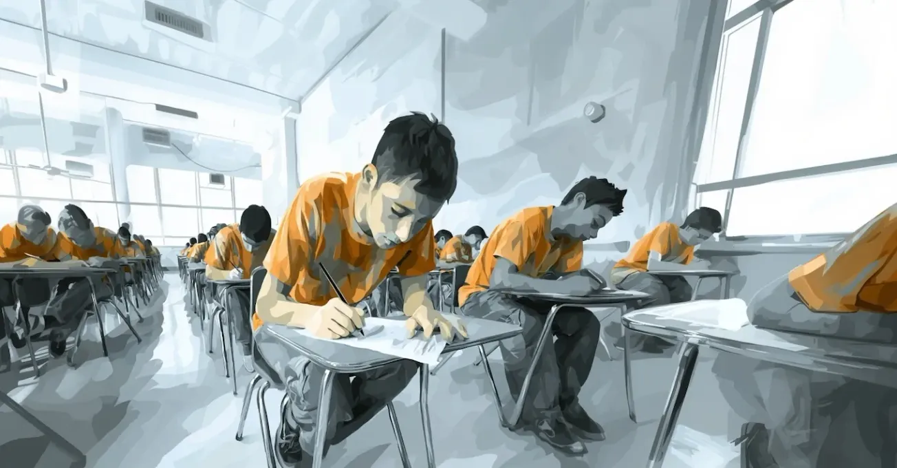Elever iført orange trøjer sidder i rækker i et klasselokale og skriver koncentreret ved deres borde under en eksamenssituation. Lyse omgivelser og stort vindue i baggrunden.