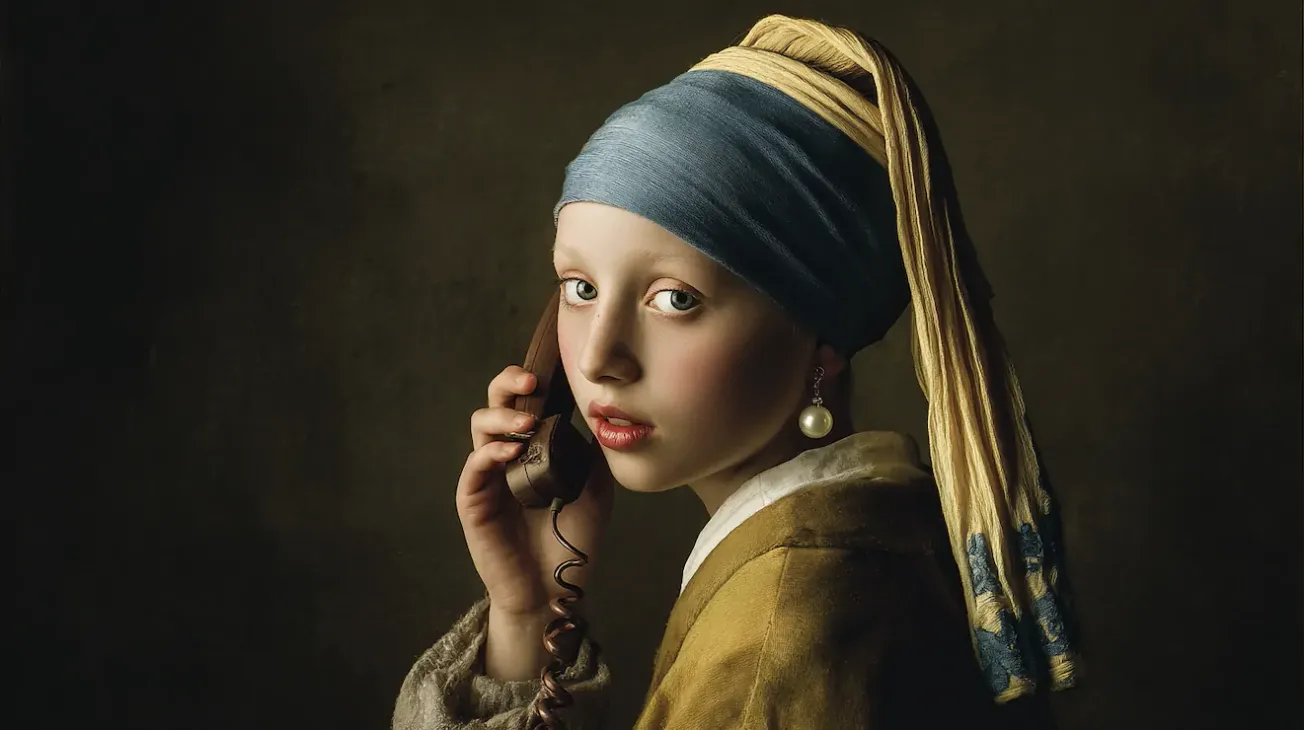 AI-genereret version af Vermeers Pige med perleørering, der taler i en gammeldags telefon.