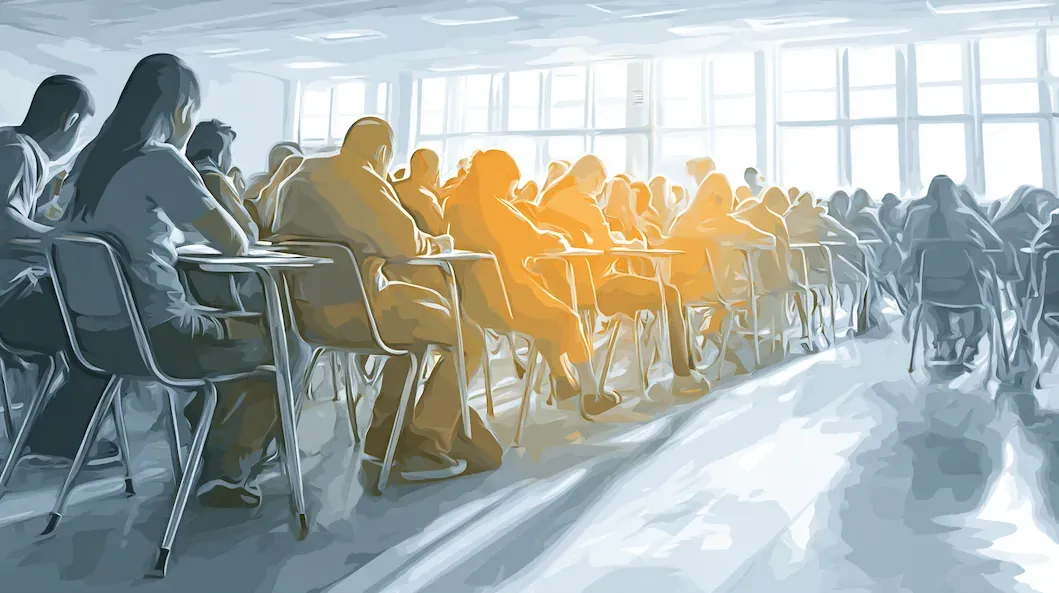 En stor gruppe elever sidder ved skoleborde i et klasselokale og arbejder koncentreret, mens sollys strømmer ind gennem vinduerne.